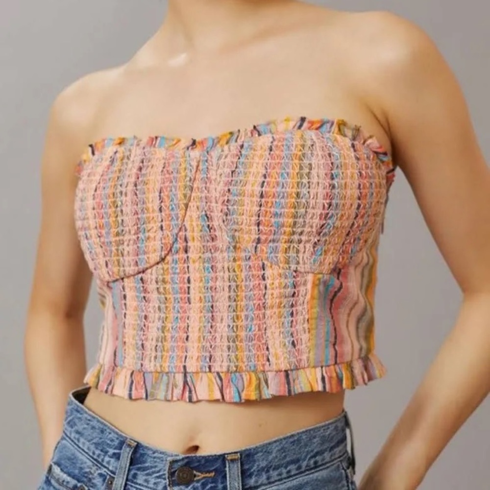 NWT Anthropologie Pilcro Strapless Rainbow Smocked Pleated Crop Blouse - Size M